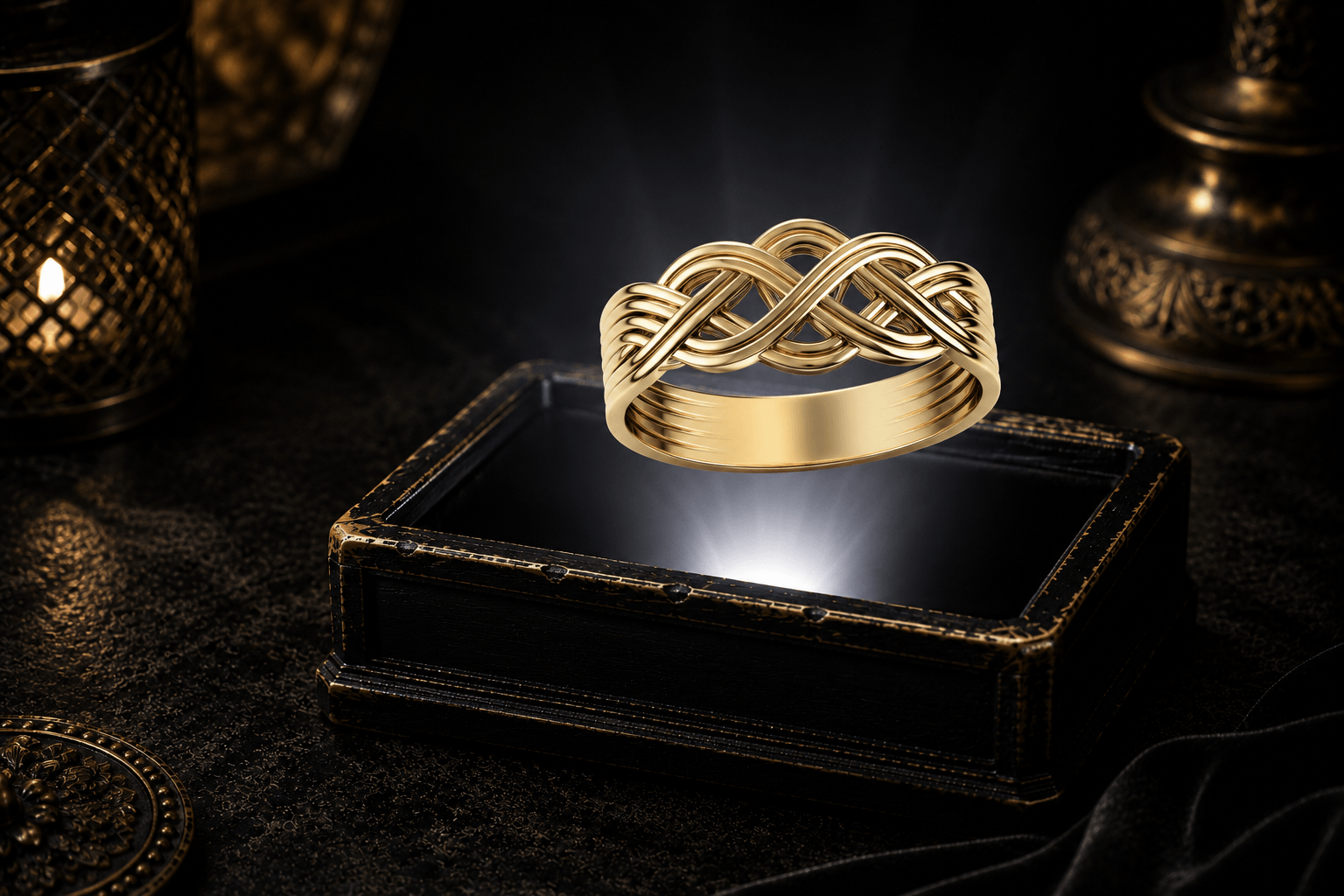 Wavy 14K yellow gold Celtic knot ring with polished interwoven openwork strands