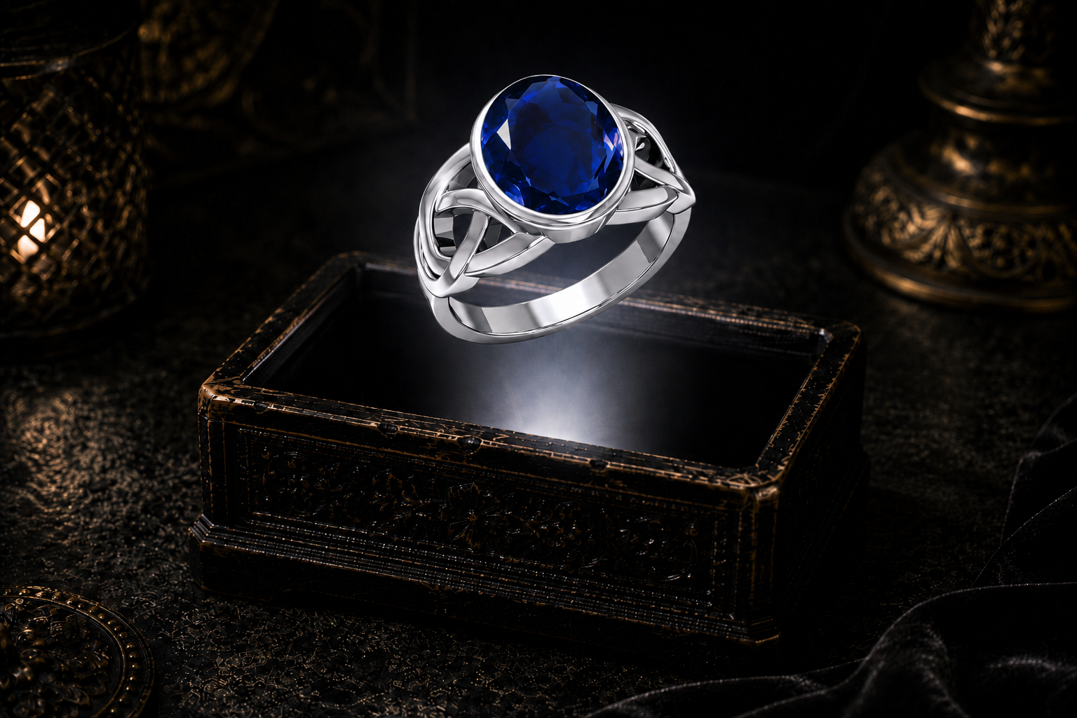 Sterling silver Celtic knot ring with oval sapphire centerpiece suspended within a neutral white beam above an ornate jewelry chest