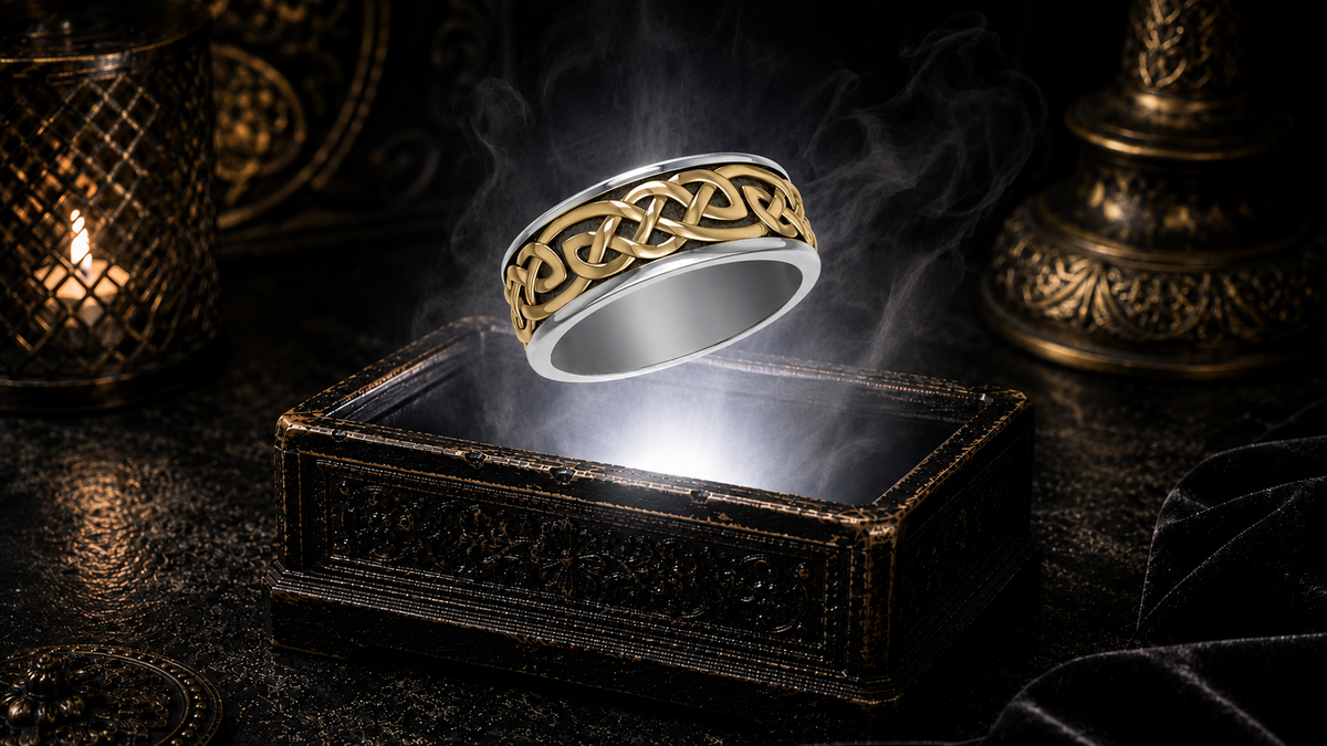Sterling silver Celtic knot ring with a continuous 14K gold vermeil woven design floating above an ornate antique jewelry box in a refined dark luxury setting with warm candlelight, cinematic lighting, a pure white light beam, and a mystical atmosphere.
