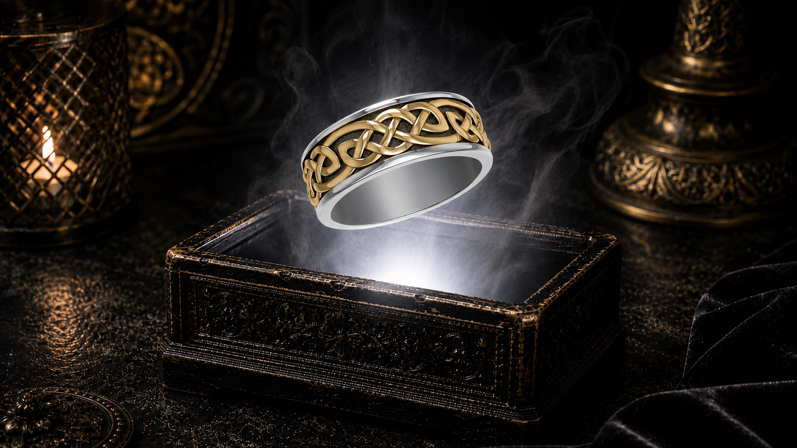 Sterling silver Celtic knot ring with a continuous 14K gold vermeil woven design floating above an ornate antique jewelry box in a refined dark luxury setting with warm candlelight, cinematic lighting, a pure white light beam, and a mystical atmosphere.