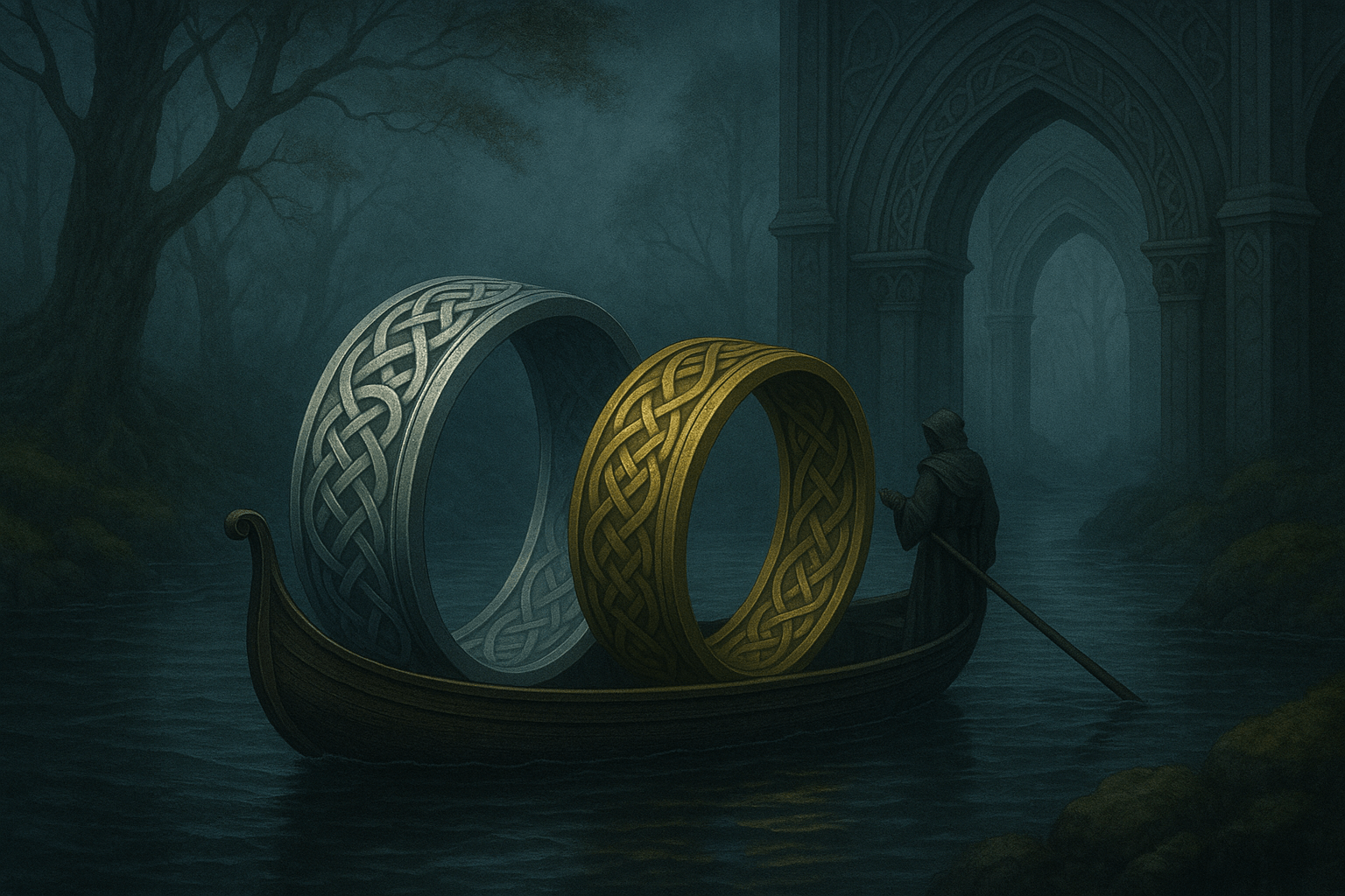 Silver and gold Celtic knot rings resting in a small boat on misty moonlit waters.