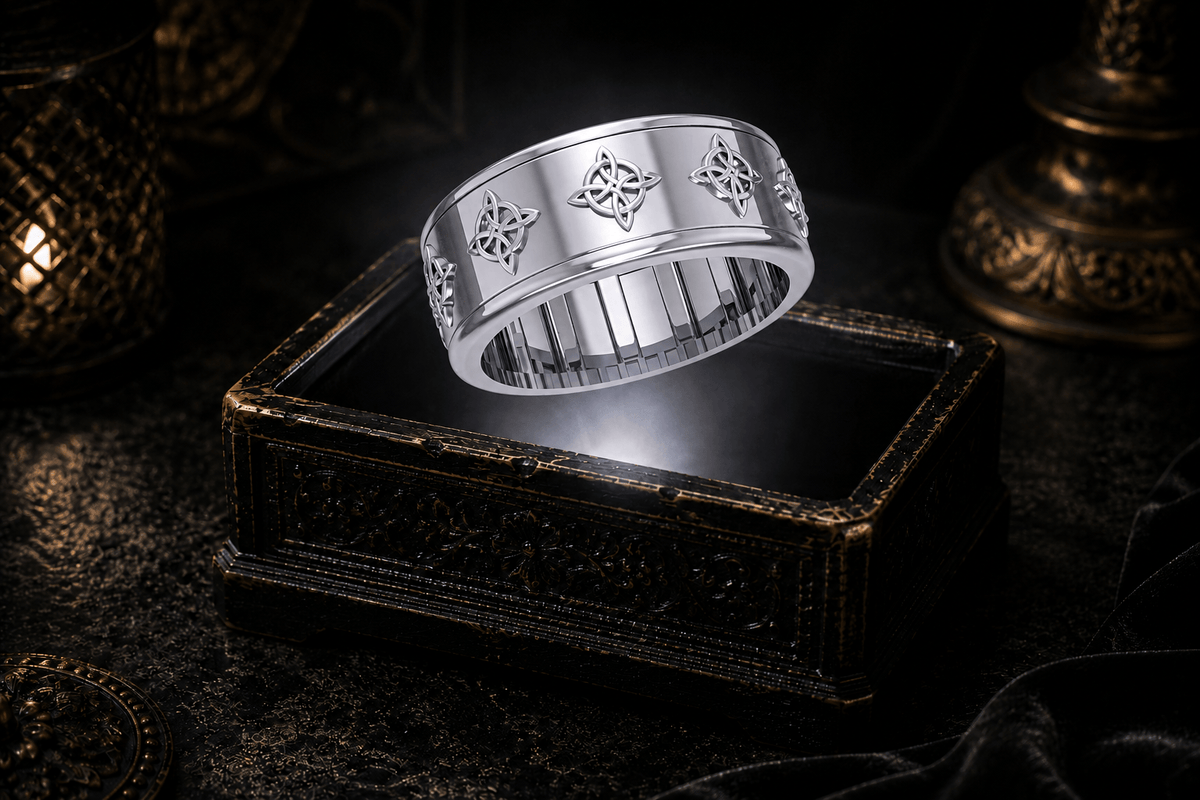 Wide polished sterling silver spinner ring with repeating four-point Celtic Quaternary knots shown at an angle on a white background.