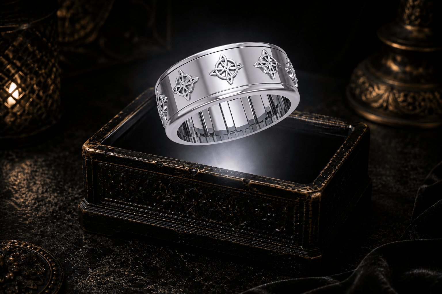 Wide polished sterling silver spinner ring with repeating four-point Celtic Quaternary knots shown at an angle on a white background.