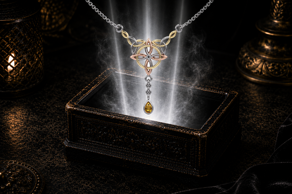 Tri-tone sterling silver Celtic knot necklace with amber gemstone floating above an ornate jewelry box surrounded by luminous light in a dark luxury setting.