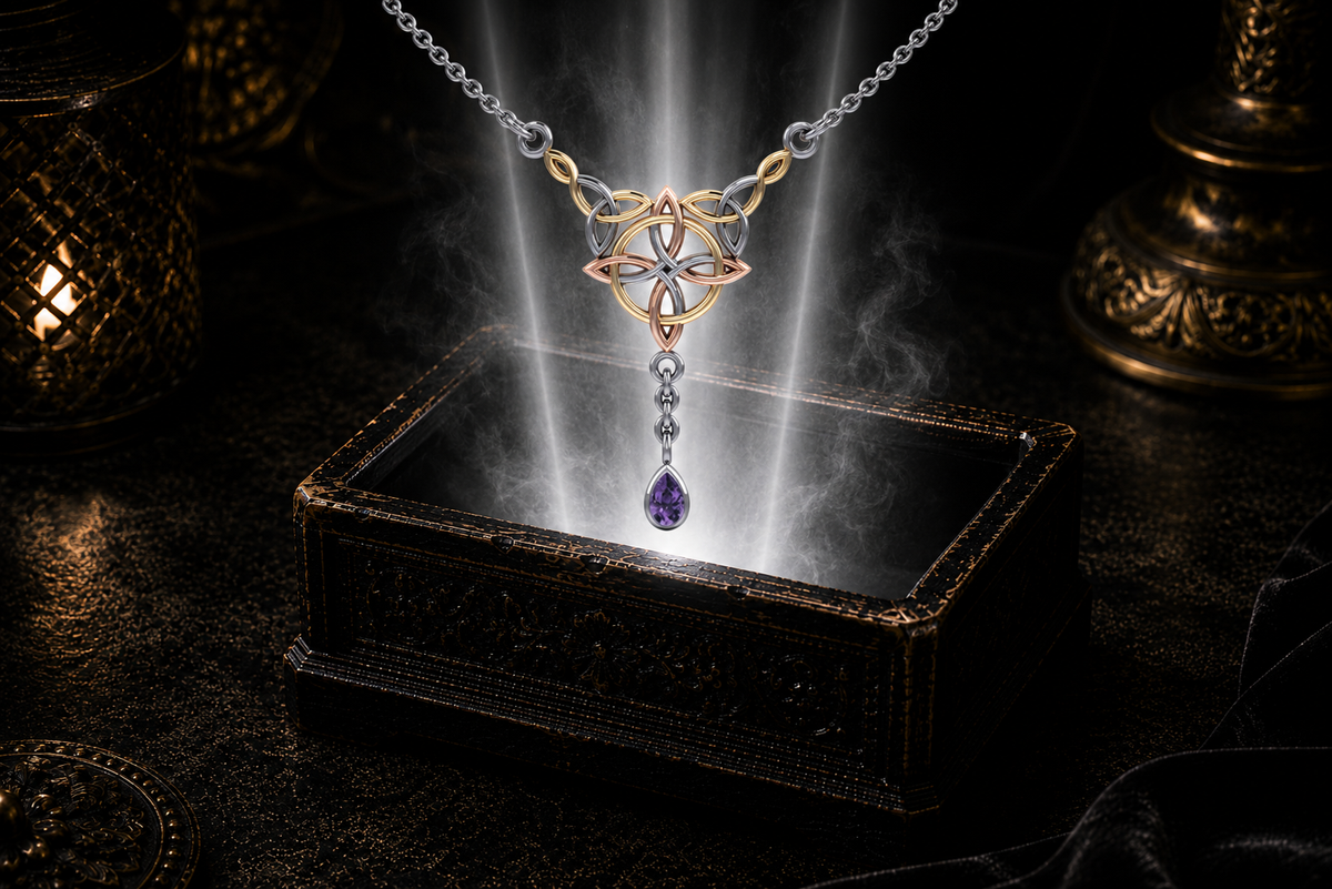 Tri-tone sterling silver Celtic knot necklace with amethyst gemstone floating above an ornate jewelry box illuminated by soft glowing light within a cinematic luxury environment.
