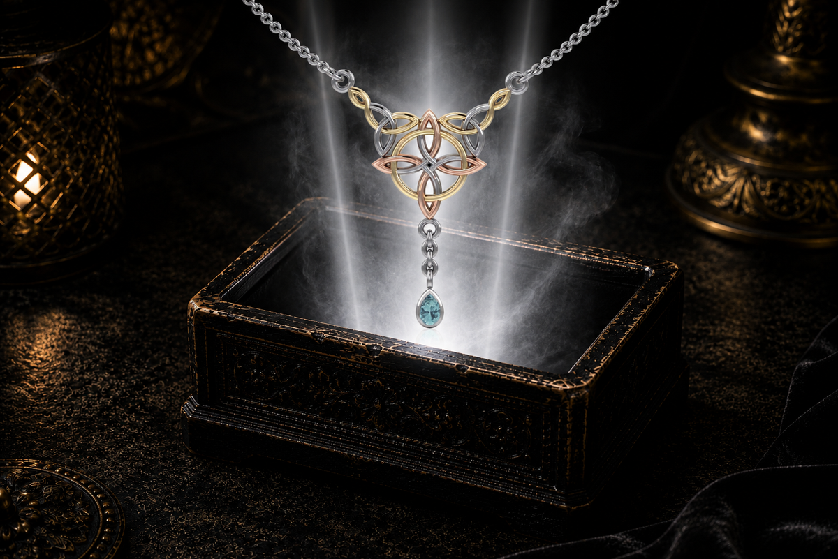 Tri-tone sterling silver Celtic knot necklace with blue topaz gemstone displayed above an ornate dark jewelry box surrounded by radiant light and elegant shadows.