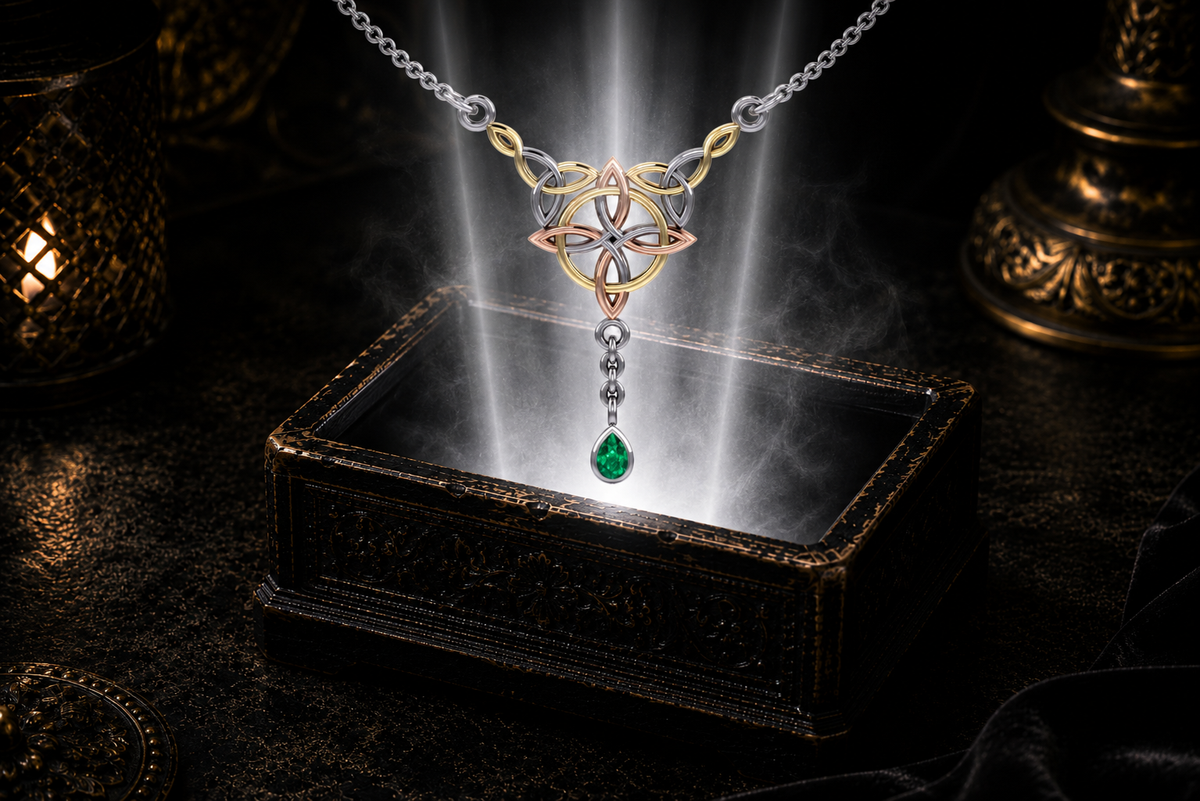 Tri-tone sterling silver Celtic knot necklace with emerald green gemstone floating above a luminous jewelry chest in a rich dark luxury atmosphere.