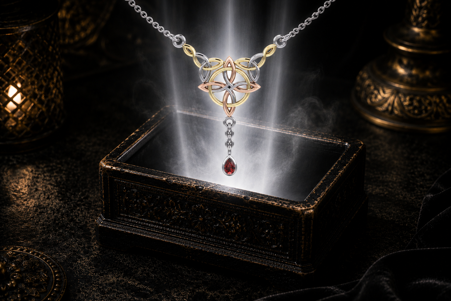 Tri-tone sterling silver Celtic knot necklace with garnet gemstone suspended above an ornate jewelry box glowing with warm light in a refined cinematic setting.