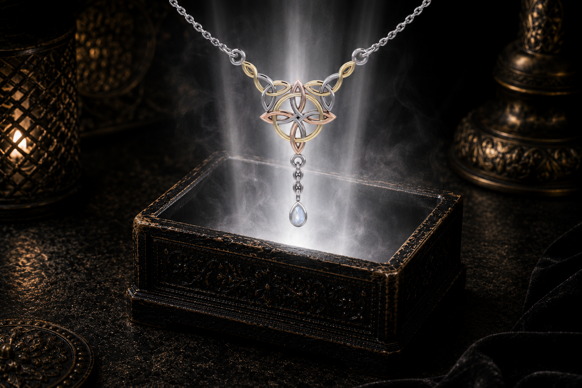 Tri-tone sterling silver Celtic knot necklace with rainbow moonstone gemstone floating above an ornate jewelry box surrounded by ethereal light in a mystical luxury environment.