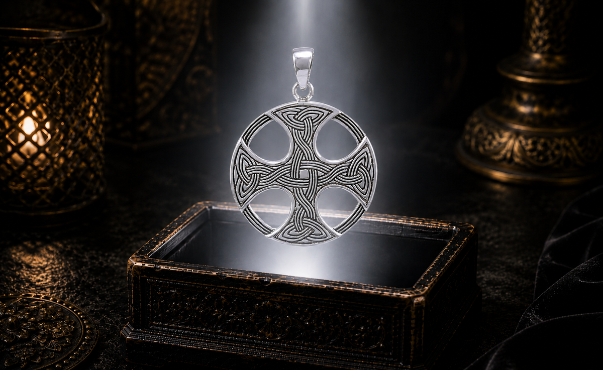 Sterling silver Celtic Cross pendant with intricate knotwork and circular frame displayed above a luxury jewelry chest in a cinematic mystical environment.