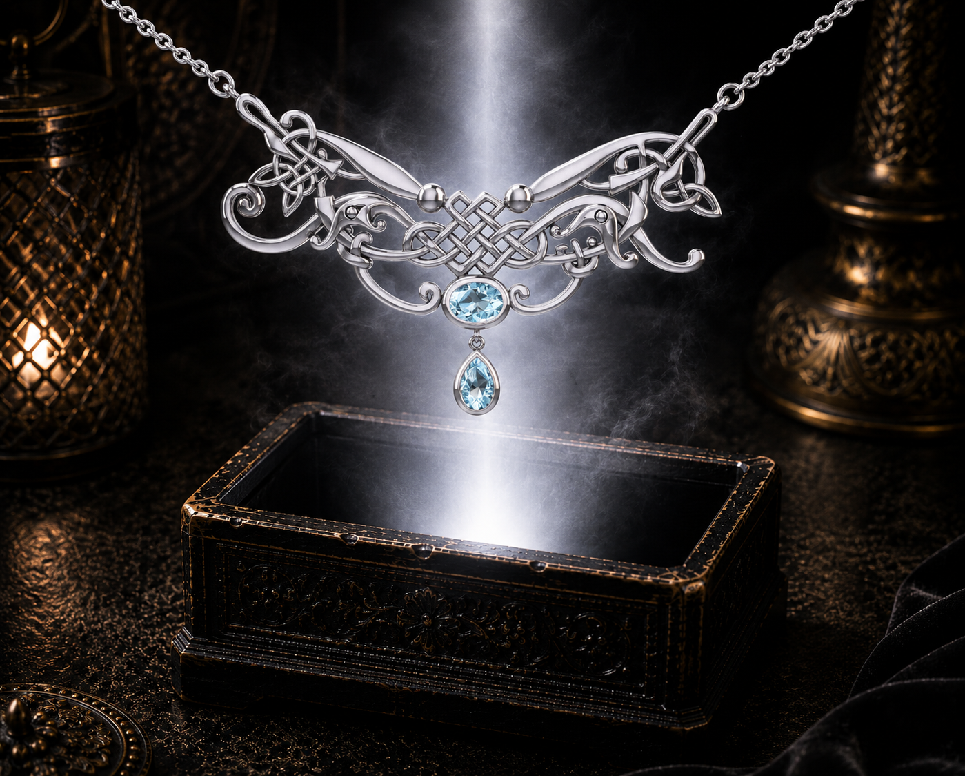 Sterling silver Celtic knotwork filigree necklace with garnet gemstones floating above an ornate jewelry box against a dark luxury backdrop with warm luminous reflections.