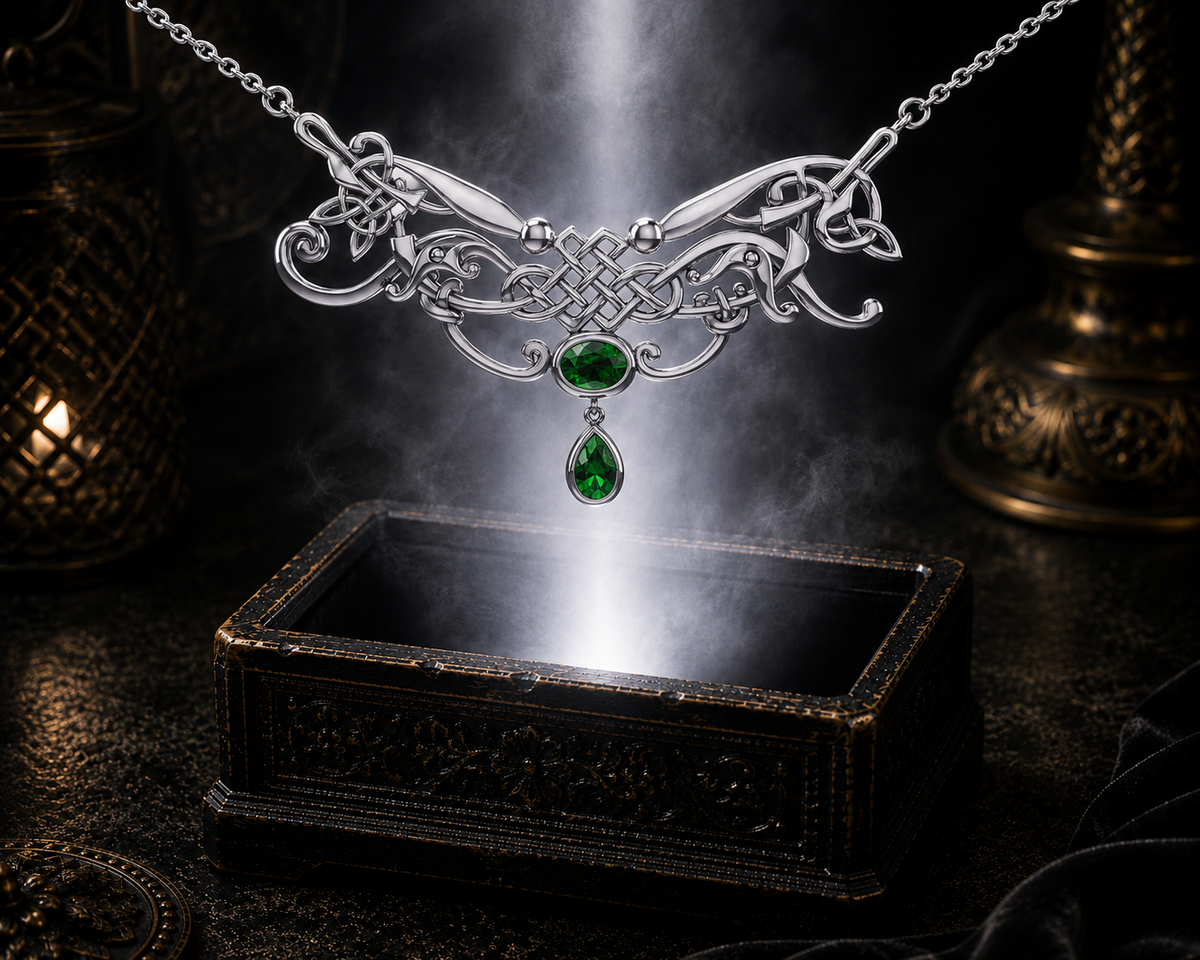 Sterling silver Celtic knotwork filigree necklace with emerald glass gemstones suspended above an ornate jewelry box within a mystical luxury scene accented by soft glowing light.