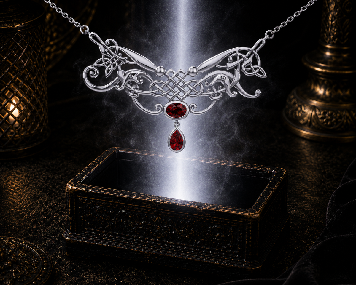 Sterling silver Celtic knotwork filigree necklace with garnet gemstones floating above an ornate jewelry box against a dark luxury backdrop with warm luminous reflections.