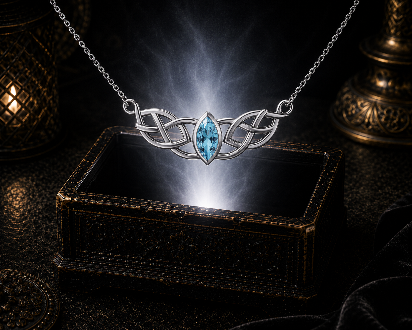 Sterling silver Celtic knot necklace with blue topaz gemstone illuminated above an ornate jewelry chest surrounded by soft glowing light
