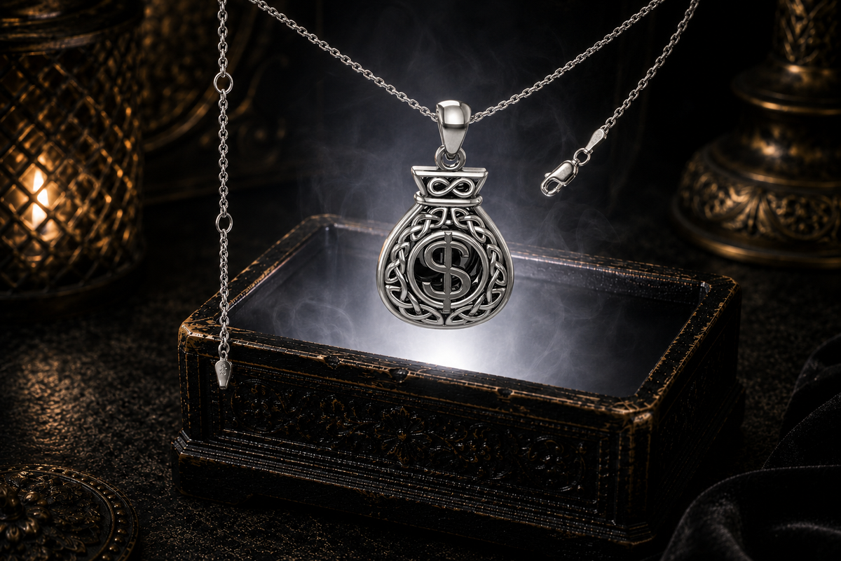 Sterling silver Celtic money bag pendant with a polished dollar sign surrounded by intricate Celtic knotwork floating above an ornate jewelry box in a dark luxury setting with warm candlelight and a soft mystical glow.