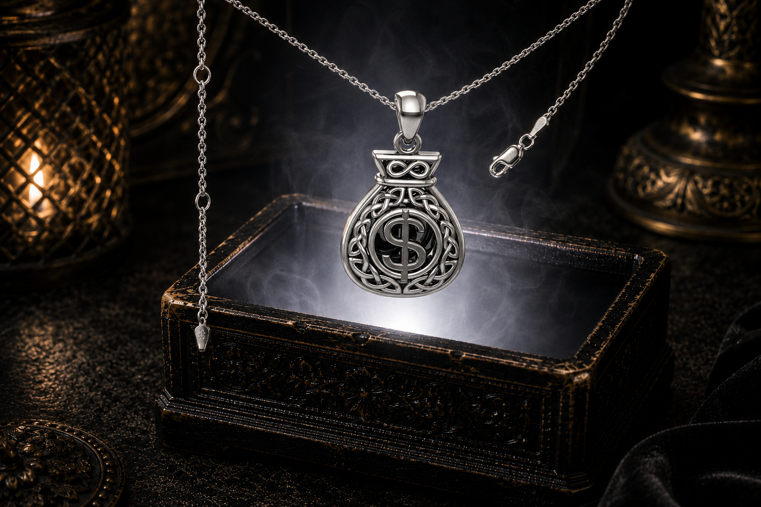 Sterling silver Celtic money bag pendant with a polished dollar sign surrounded by intricate Celtic knotwork floating above an ornate jewelry box in a dark luxury setting with warm candlelight and a soft mystical glow.