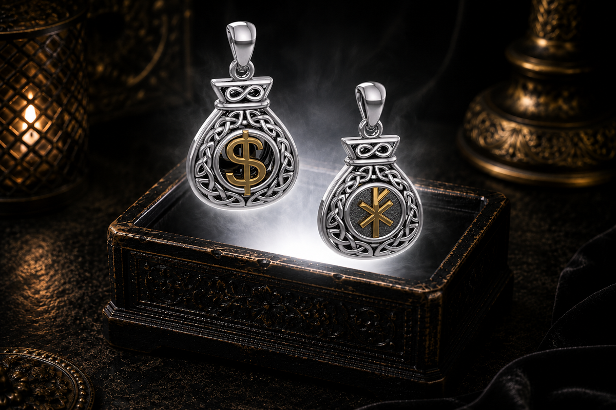 Sterling silver Celtic money bag pendant with 14K gold plate accents featuring a polished dollar sign on the front and a reversible wealth bind rune on the reverse, floating above an ornate jewelry box in a dark luxury setting with warm candlelight and a soft mystical glow.