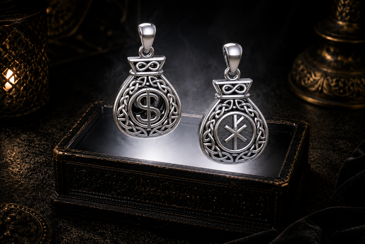 Sterling silver Celtic money bag pendant featuring a modern wealth bind rune on the reverse floating above an ornate jewelry box in a refined dark luxury setting with warm candlelight and cinematic mystical lighting.