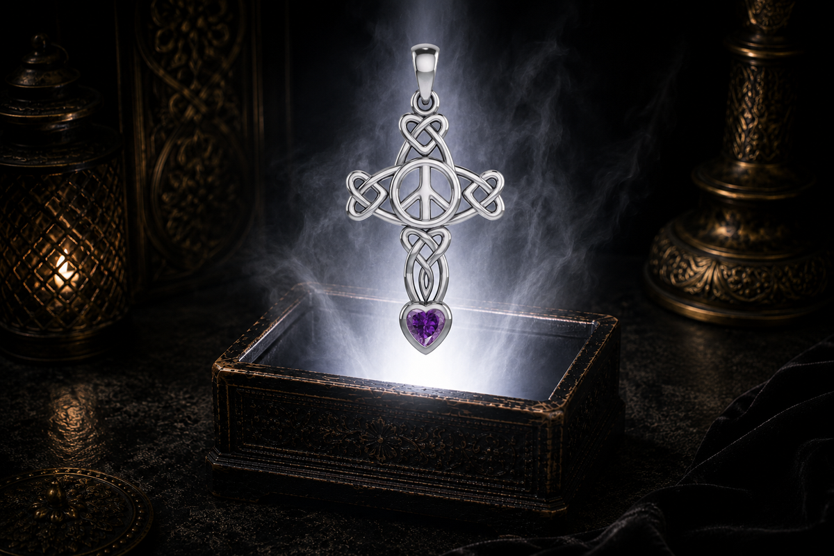 Sterling silver Celtic Peace Cross pendant with heart knotwork and amethyst heart gemstone floating above an ornate black jewelry box illuminated by soft white light in a dark luxurious setting with candlelit Celtic decor.