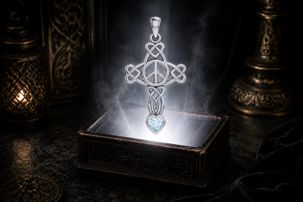 Sterling silver Celtic Peace Cross pendant with heart knotwork and blue topaz heart gemstone floating above an ornate black jewelry box illuminated by soft white light in a dark luxurious setting with candlelit Celtic decor.