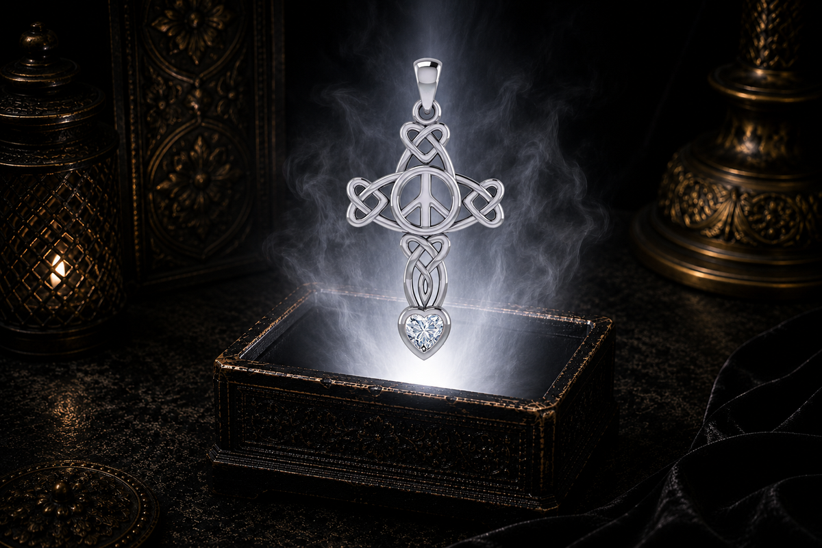 Sterling silver Celtic Peace Cross pendant with heart knotwork and cubic zirconia heart gemstone floating above an ornate black jewelry box illuminated by soft white light in a dark luxurious setting with candlelit Celtic decor.