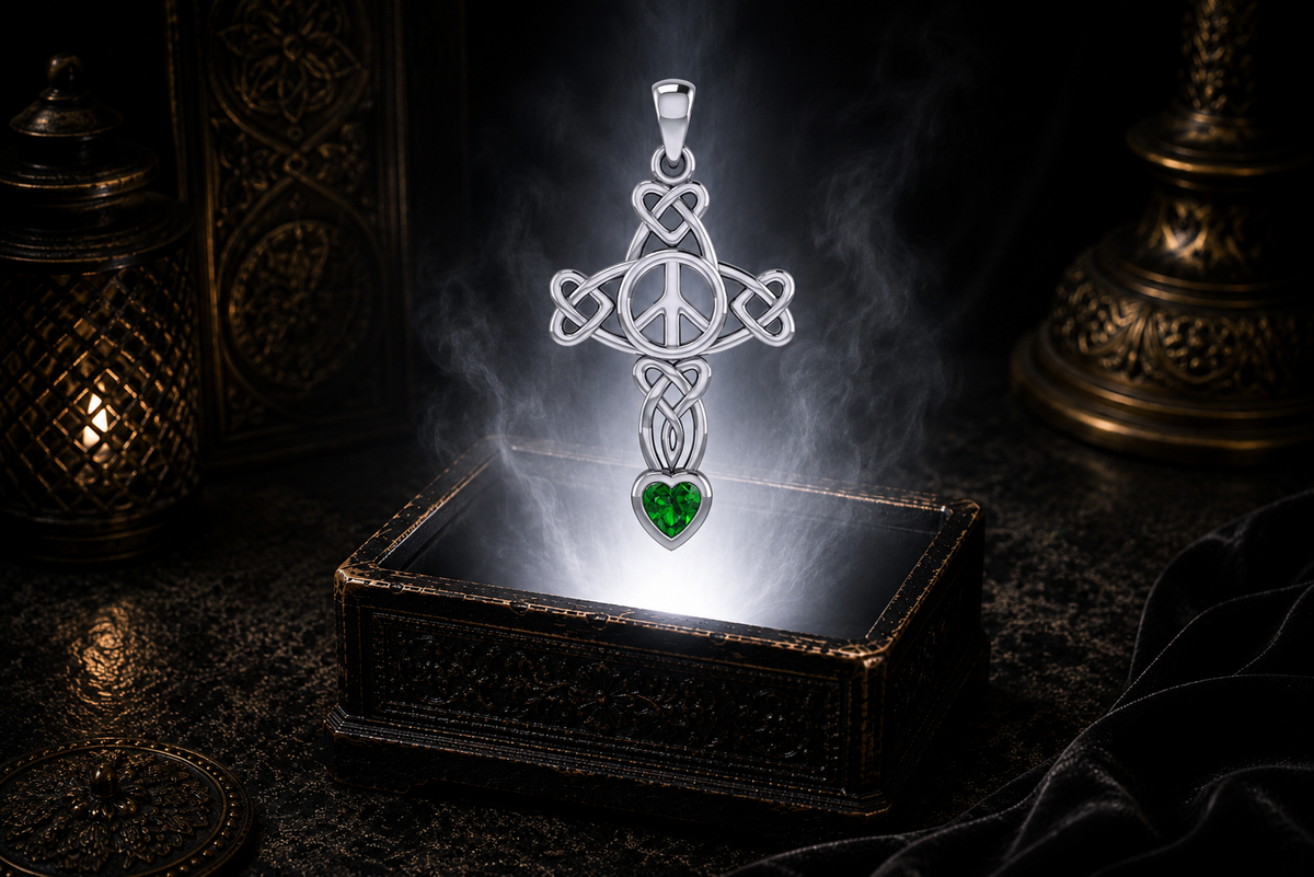 Sterling silver Celtic Peace Cross pendant with heart knotwork and emerald glass heart gemstone floating above an ornate black jewelry box illuminated by soft white light in a dark luxurious setting with candlelit Celtic decor.