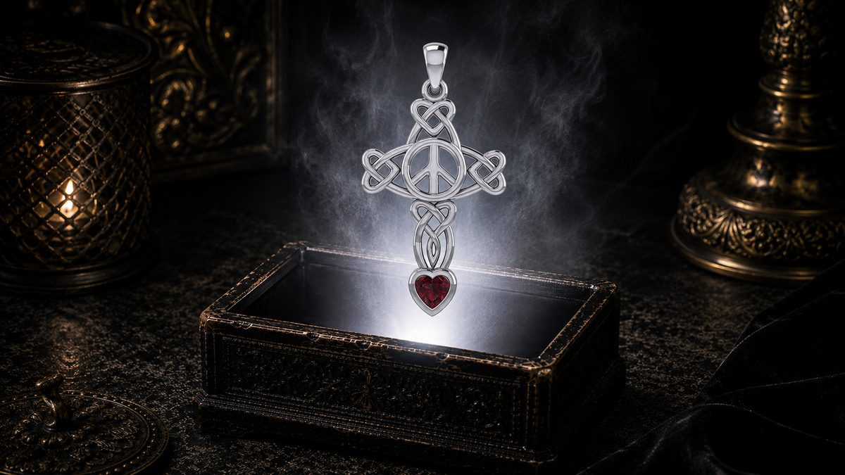 Sterling silver Celtic Peace Cross pendant with heart knotwork and garnet heart gemstone floating above an ornate black jewelry box illuminated by soft white light in a dark luxurious setting with candlelit Celtic decor.