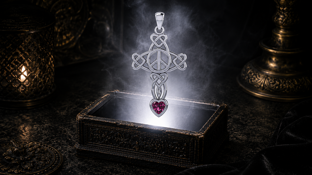 Sterling silver Celtic Peace Cross pendant with heart knotwork and ruby heart gemstone floating above an ornate black jewelry box illuminated by soft white light in a dark luxurious setting with candlelit Celtic decor.