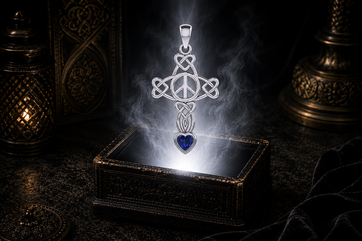 Sterling silver Celtic Peace Cross pendant with heart knotwork and sapphire heart gemstone floating above an ornate black jewelry box illuminated by soft white light in a dark luxurious setting with candlelit Celtic decor.