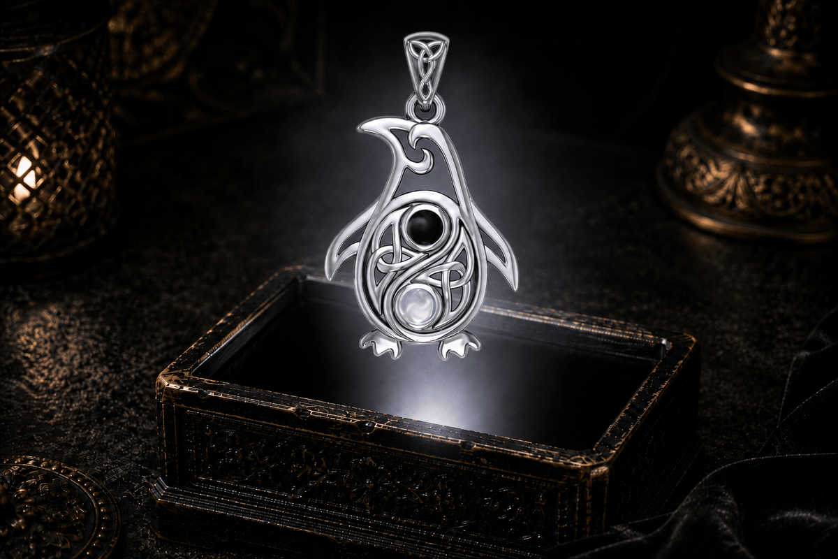Celtic penguin pendant with black onyx and rainbow moonstone hovering above an ornate antique jewelry box in a white light beam