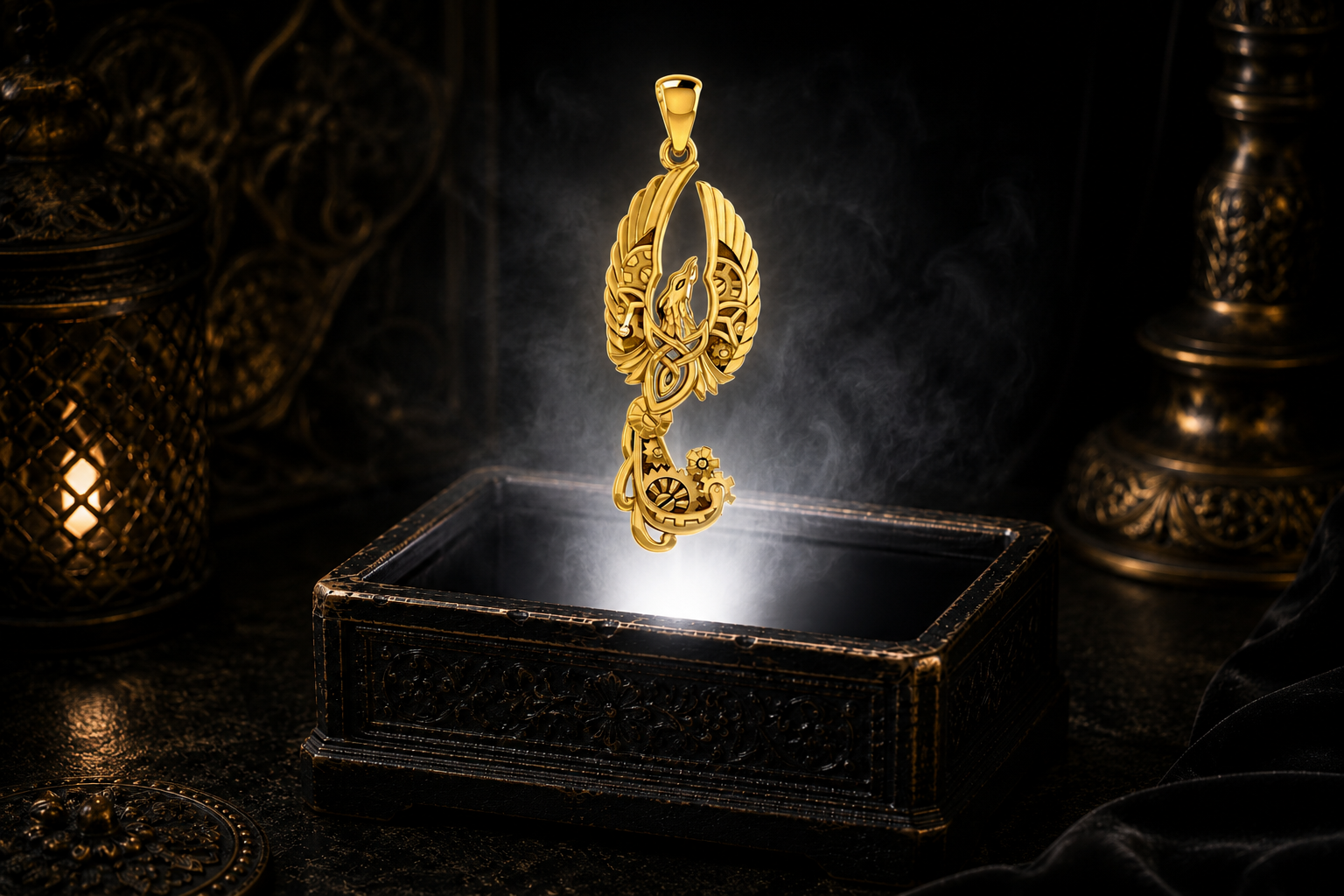 Solid yellow gold Celtic phoenix talisman pendant floating above an ornate dark jewelry box surrounded by luminous white light and drifting mist in a cinematic luxury setting, showcasing intricate Celtic knotwork and symbolic wheel motifs.