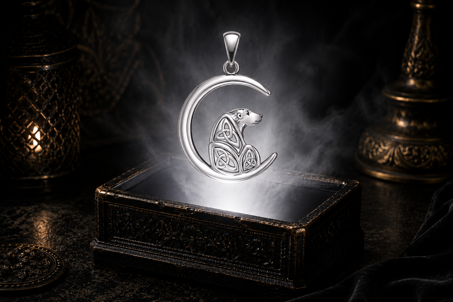 Sterling silver Celtic polar bear on crescent moon pendant with three interconnected Triquetra knots forming the bear's body, floating above an ornate black jewelry box illuminated by soft white light in a dark luxury setting with candlelight and drifting mist.