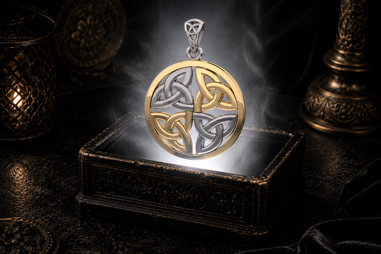 Celtic Quaternary Trinity Knot sterling silver pendant with 14K gold accents floating above an ornate jewelry box illuminated by soft white light in a dark luxury Celtic setting.