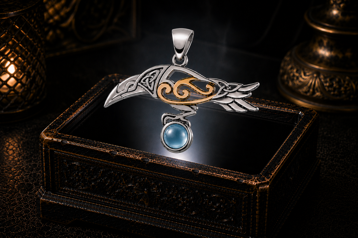 Celtic raven pendant with smooth blue topaz gemstone showcased above ornate black jewelry box in moody cinematic scene
