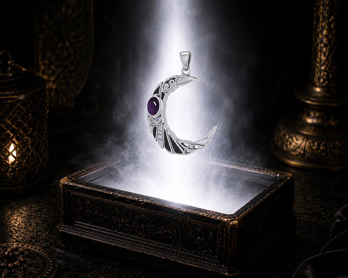 Sterling silver Celtic raven crescent moon pendant with amethyst gemstone floating above an ornate jewelry box surrounded by luminous white light in a dark luxury setting with black enamel accents.