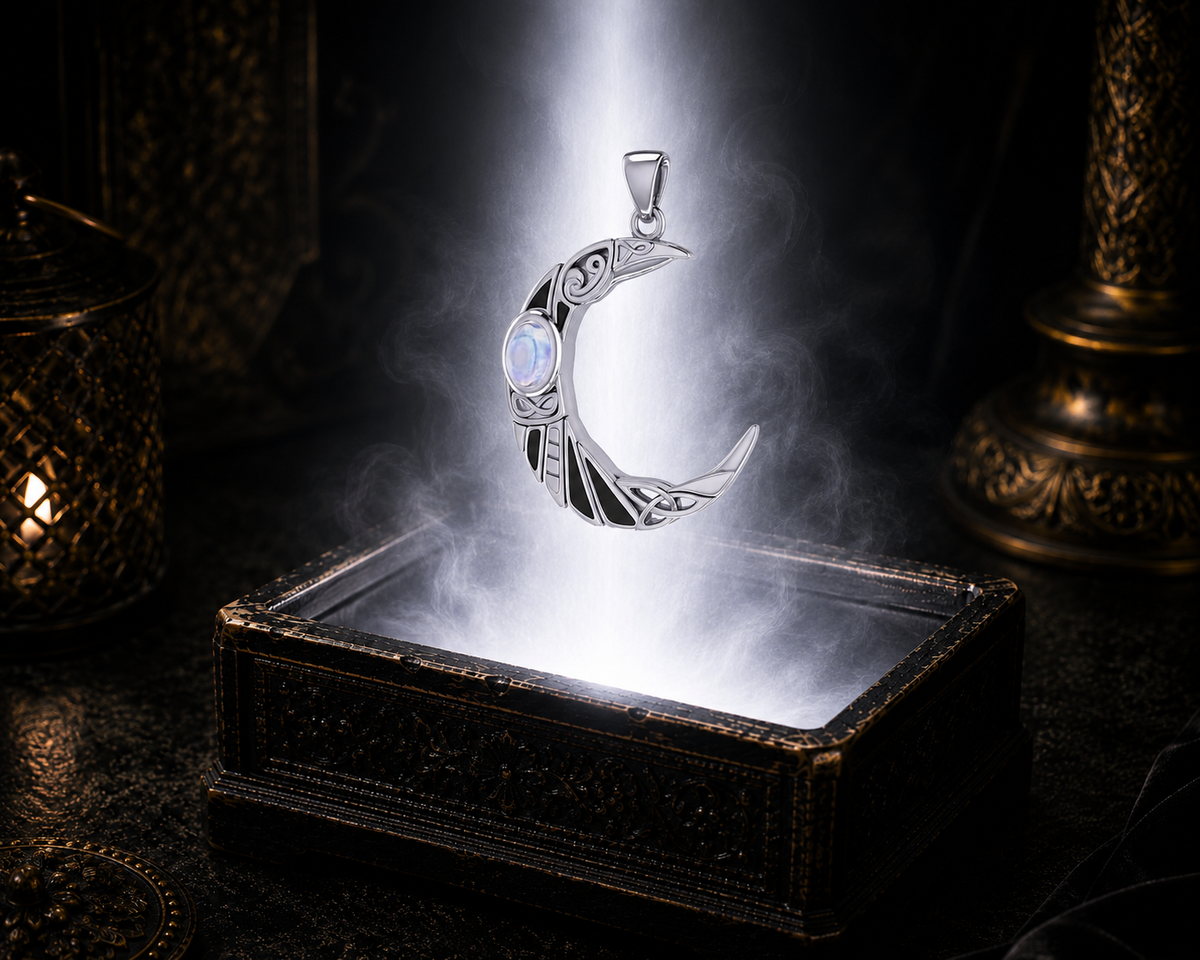 Sterling silver Celtic raven crescent moon pendant with rainbow moonstone gemstone floating above an ornate dark jewelry chest surrounded by radiant white glow in a refined luxury setting with black enamel accents.