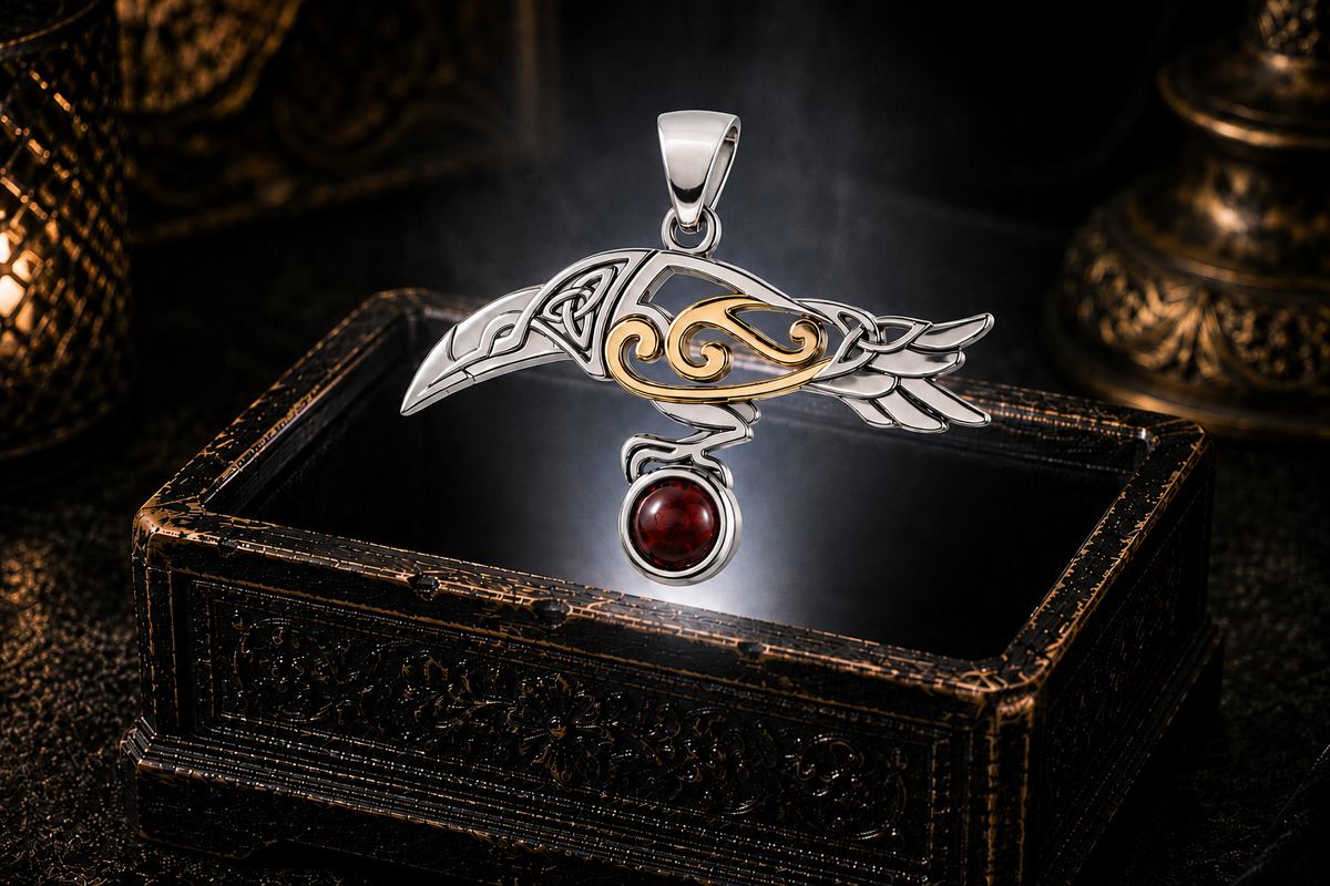 Celtic raven pendant with polished garnet gemstone hovering above ornate black jewelry box in dark mystical showcase setting