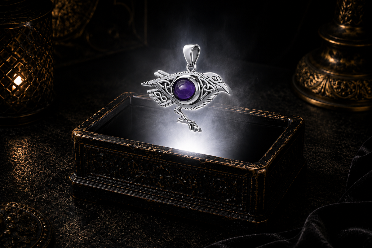 Sterling silver Celtic raven pendant with Triquetra knotwork and amethyst gemstone floating above an ornate black jewelry box illuminated by soft white light in a dark luxury setting with candlelight and drifting mist.