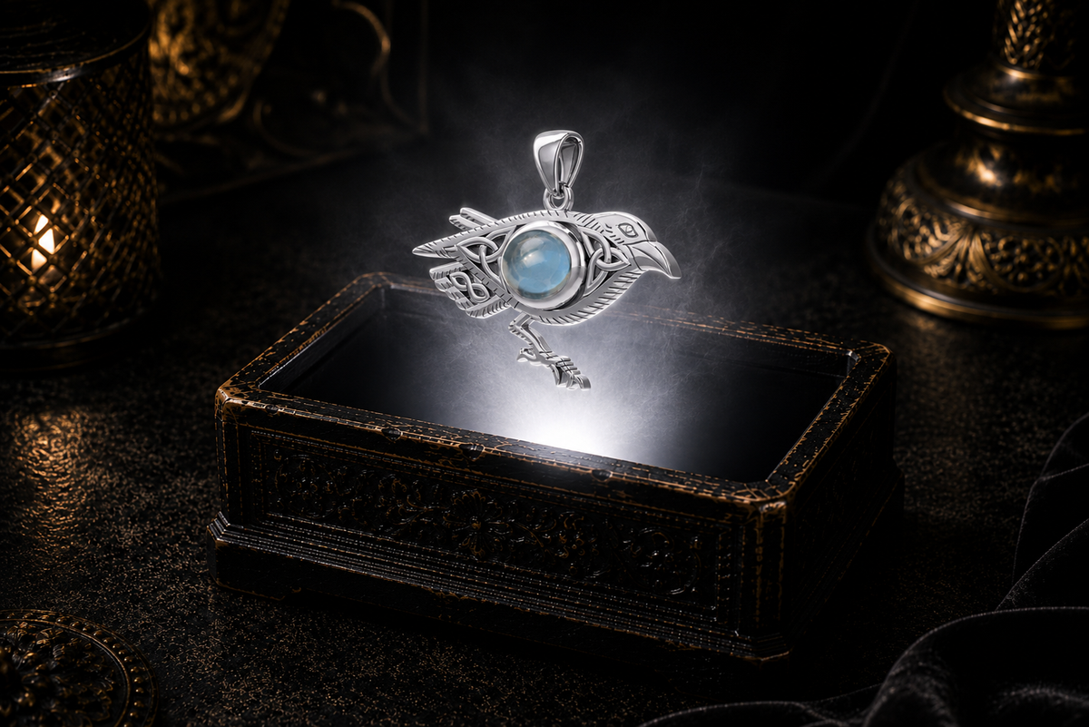 Sterling silver Celtic raven pendant with Triquetra knotwork and blue topaz gemstone floating above an ornate black jewelry box illuminated by soft white light in a dark luxury setting with candlelight and drifting mist.