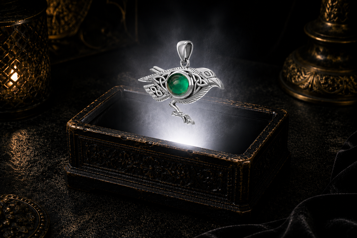 Sterling silver Celtic raven pendant with Triquetra knotwork and emerald green glass gemstone floating above an ornate black jewelry box illuminated by soft white light in a dark luxury setting with candlelight and drifting mist.