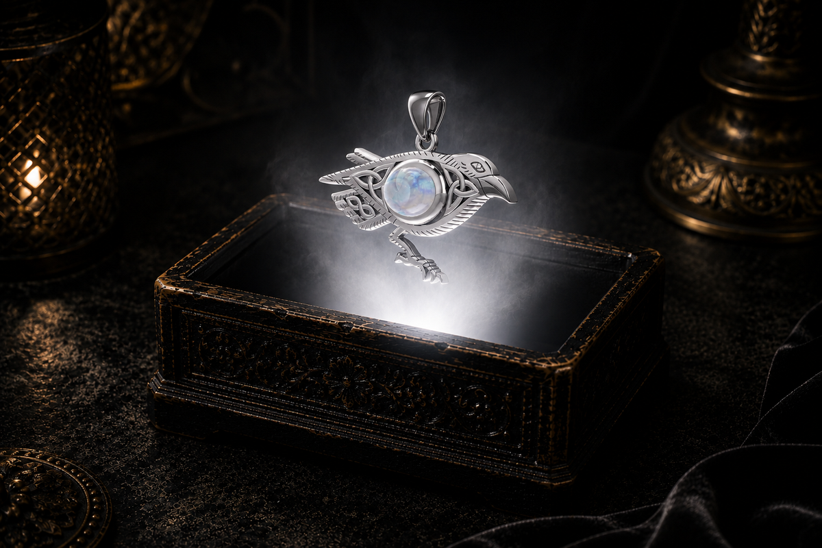 Sterling silver Celtic raven pendant with Triquetra knotwork and rainbow moonstone gemstone floating above an ornate black jewelry box illuminated by soft white light in a dark luxury setting with candlelight and drifting mist.
