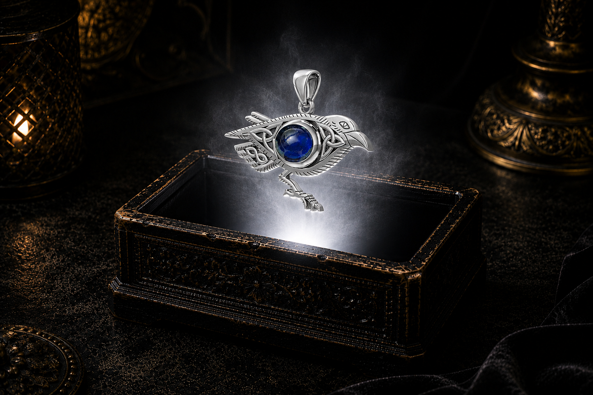 Sterling silver Celtic raven pendant with Triquetra knotwork and sapphire gemstone floating above an ornate black jewelry box illuminated by soft white light in a dark luxury setting with candlelight and drifting mist.