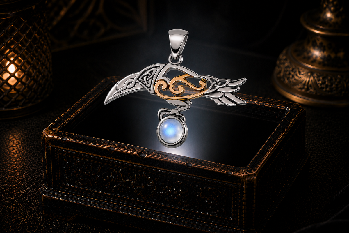 Celtic raven pendant with glowing rainbow moonstone gemstone hovering above antique black jewelry box in mystical luxury setting