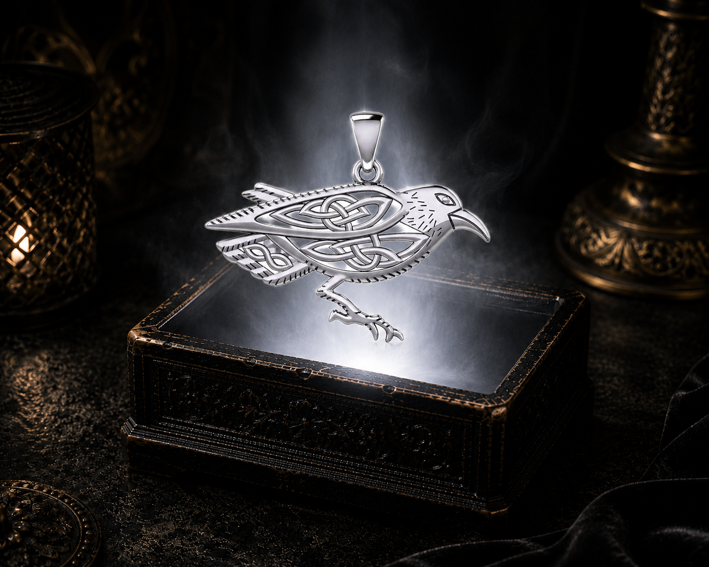 Sterling silver Celtic raven pendant with intricate knotwork floating above an ornate jewelry box illuminated by luminous white light in a dark luxury setting with refined Celtic detailing.