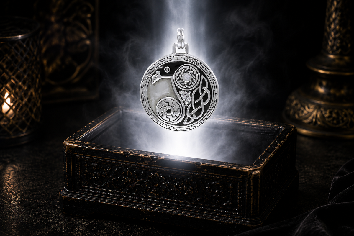 Sterling silver Celtic raven yin yang pendant with sparkling accent stones floating above an ornate jewelry box illuminated by luminous white light in a dark luxury setting with intricate Celtic knotwork.