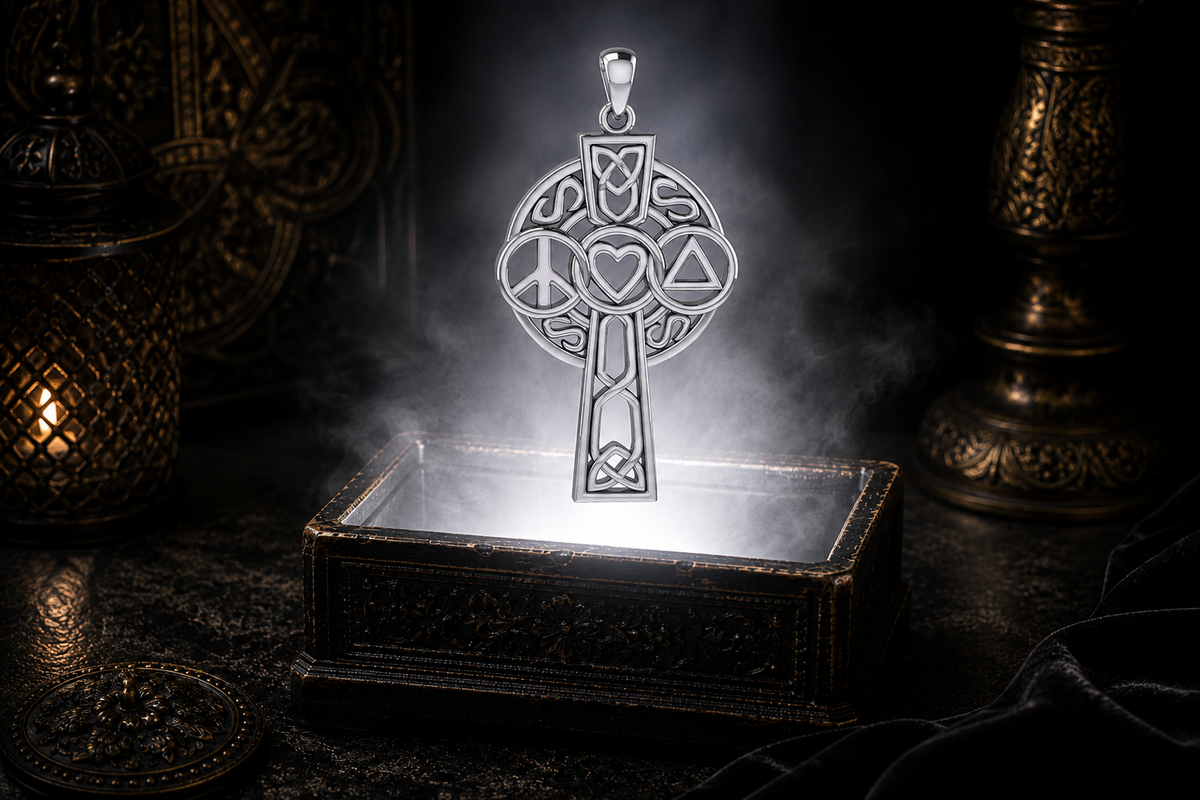 Sterling silver Celtic Recovery Cross pendant featuring peace, love, and sobriety symbols floating above an ornate black jewelry box illuminated by soft white light in a dark luxurious setting with candlelit Celtic decor and mystical atmosphere.
