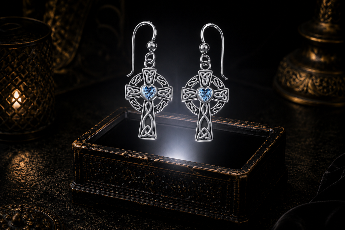 Sterling silver Celtic ringed cross earrings with blue topaz heart gemstones floating above a glowing ornate jewelry box in a dark luxury setting