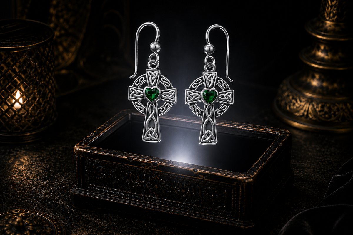 Sterling silver Celtic ringed cross earrings with emerald glass heart gemstones floating above a glowing ornate jewelry box in a dark luxury setting