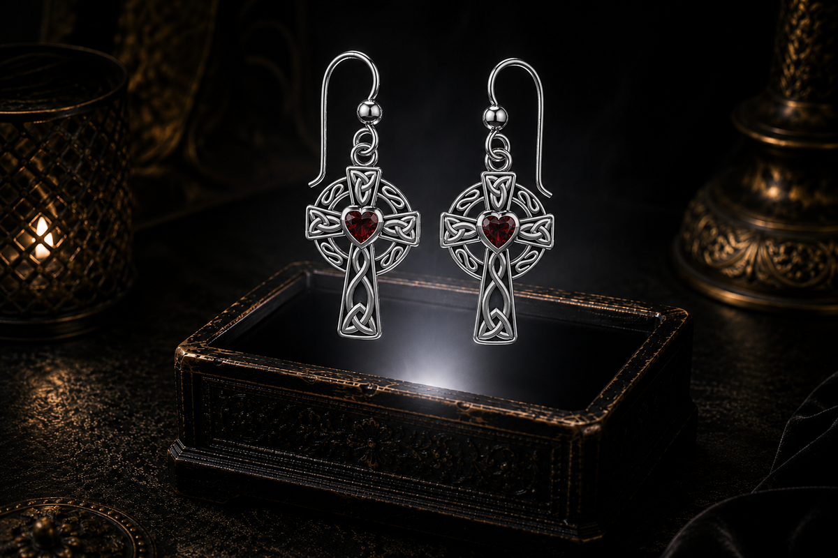 Sterling silver Celtic ringed cross earrings with garnet heart gemstones floating above a glowing ornate jewelry box in a dark luxury setting
