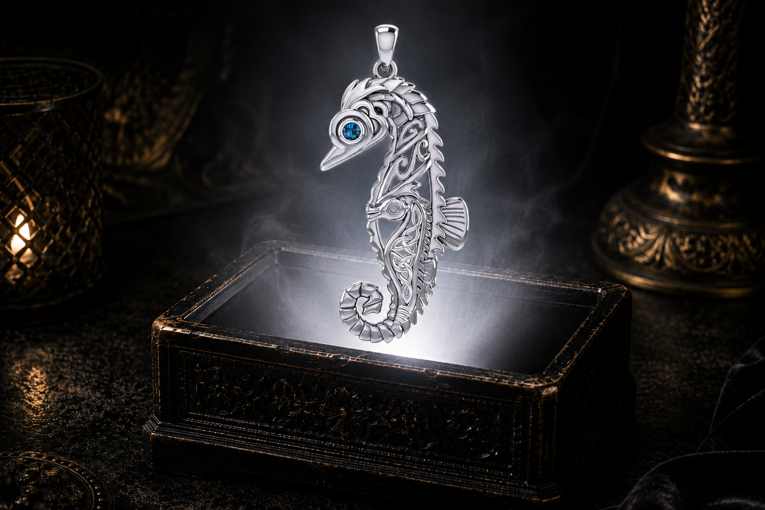 Sterling silver Celtic seahorse pendant with shimmering paua shell eyes floating above an ornate dark jewelry box surrounded by luminous white light and drifting mist in a cinematic luxury ocean-inspired setting.